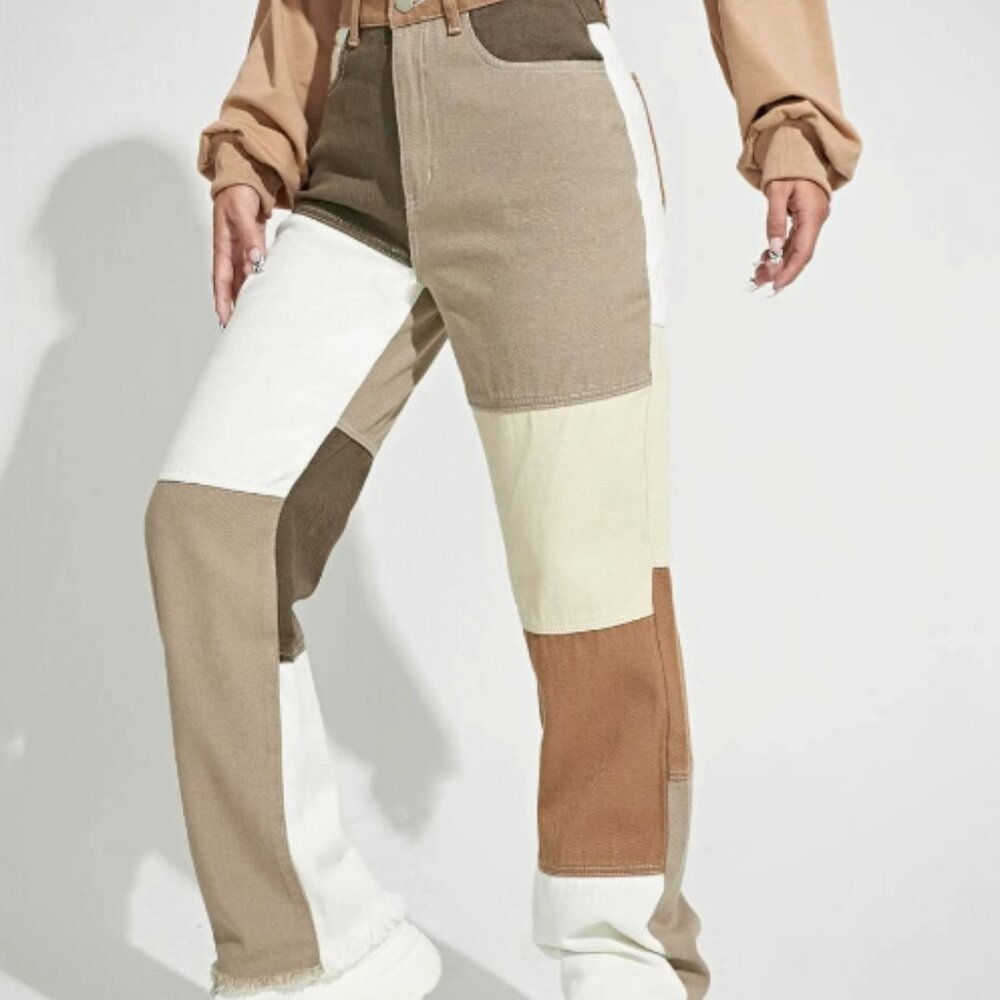 Tan and White Color Block Raw Hem Straight Jeans